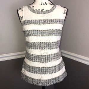 J Crew tweed ivory, gray,&silver top w/lac…